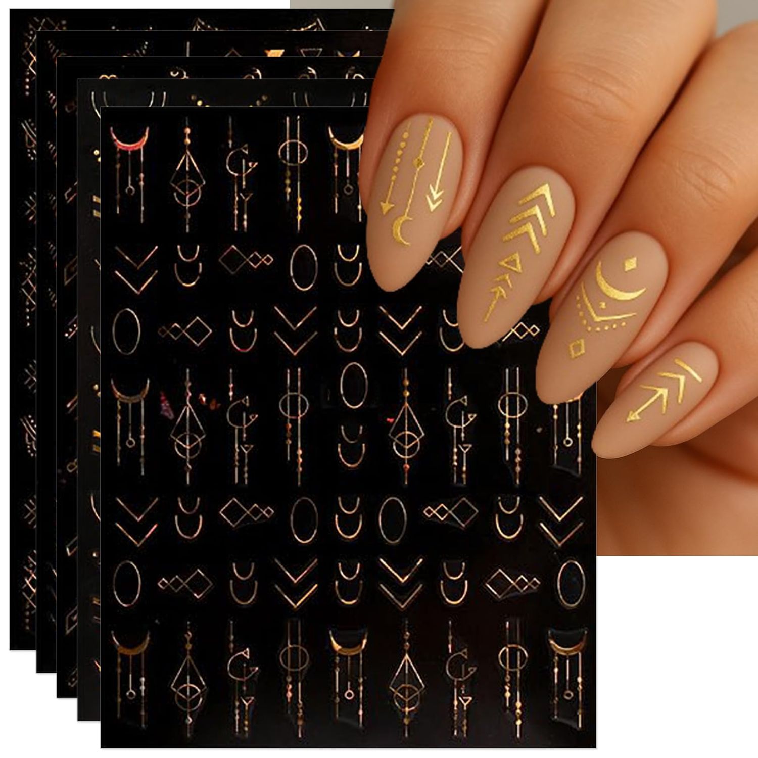 IDDFEVE Bohemia Nail Art Stickers - Tribal Gold Arrow and Triangle Self-Adhesive 3D Nail Decals for DIY Golden Manicure (6 Sheets)