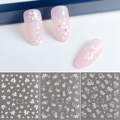White Flower Nail Art Decal Stickers for Women Fingernails Acrylic Nails Designs and Nail Decoration Self Adhesive Floret Nail Stickers for Nails Decor (Pack of 6)