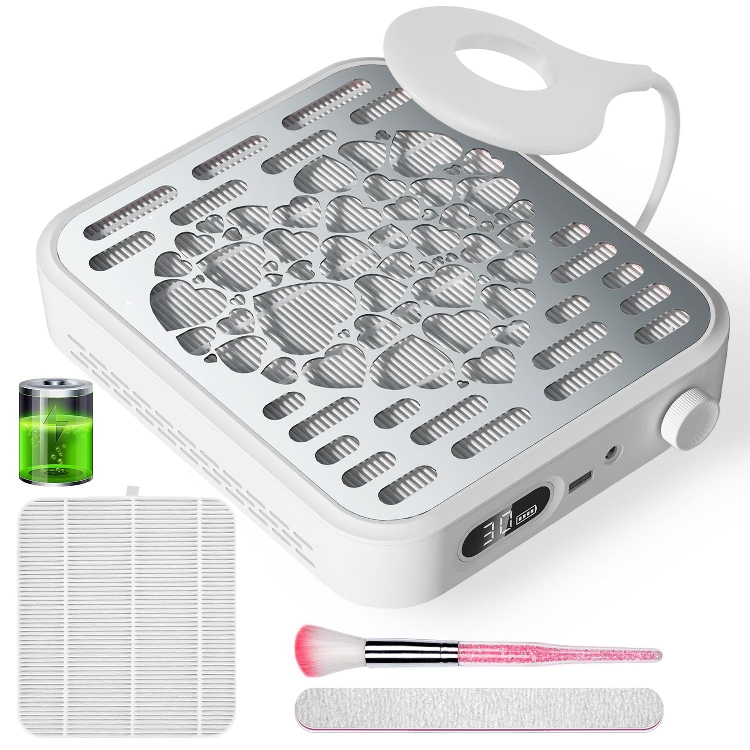 Limegirl Nail Dust Collector for Acrylic Nail, with 2Reusable Nail Filter, Nail file and Cleaning Brush, Powerful Nail Dust Extractor with Upgraded Dust Collector Nail Tech for Nail Polishing (White)