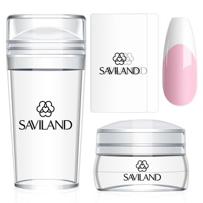Saviland French Tip Nail Stamp - 4PCS Nail Art Stamper Kit Clear Silicone Nails Stamping Long &amp; Short Jelly Stamper with Scrapers Nails Stamper Kit for French Manicure Home DIY Salon