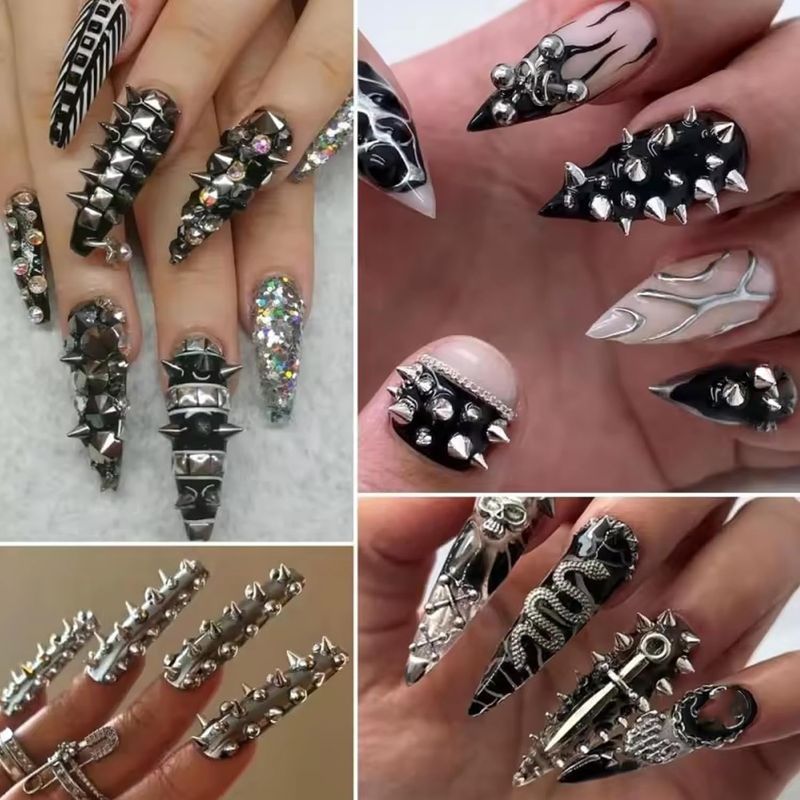 6 Grids Punk Bullet Rivet Nail Charm,3D Alloy Flat Bottomed Pointed Cone Mixed Black Silver Nail Art Rhinestones Studs DIY Crafts Nail Art Charm Spike Nails for Women DIY Nail Decoration Accessories