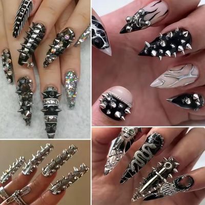 6 Grids Punk Bullet Rivet Nail Charm,3D Alloy Flat Bottomed Pointed Cone Mixed Black Silver Nail Art Rhinestones Studs DIY Crafts Nail Art Charm Spike Nails for Women DIY Nail Decoration Accessories