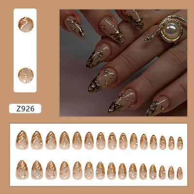 Almond Press On Nails Short Gold Fake Nails with Rhinestone Designs Almond False Nails Press Ons Glossy Glue On Nails Almond French Manicure Full Cover Nail Tips Stick On Nails for Women 24PCS