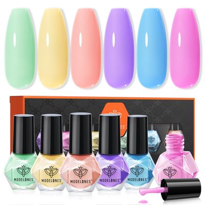 modelones Nail Polish Set, 6 Colors 2025 Summer Macaron Pastel Nail Polish Soft Pink Purple Blue Green Orange Quick Dry Nail Polish Kit Salon Home DIY Manicure Kit Gift For Women Girl