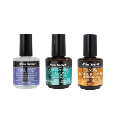 Mia Secret Nail Prep 0.5 oz (NP-30), Xtrabond Primer 0.5 oz (PR100), &amp; Luxury UV Base &amp; Top Gel 0.5 oz (FGN-02)