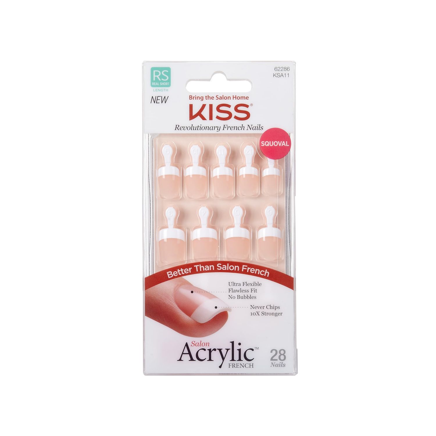 KISS Salon Acrylic, Press-On Nails, Nail glue included, Power Play, Pink, Real Short Size, Squoval Shape, Includes 28 Nails, 2g glue, 1 Manicure Stick, 1 Mini File