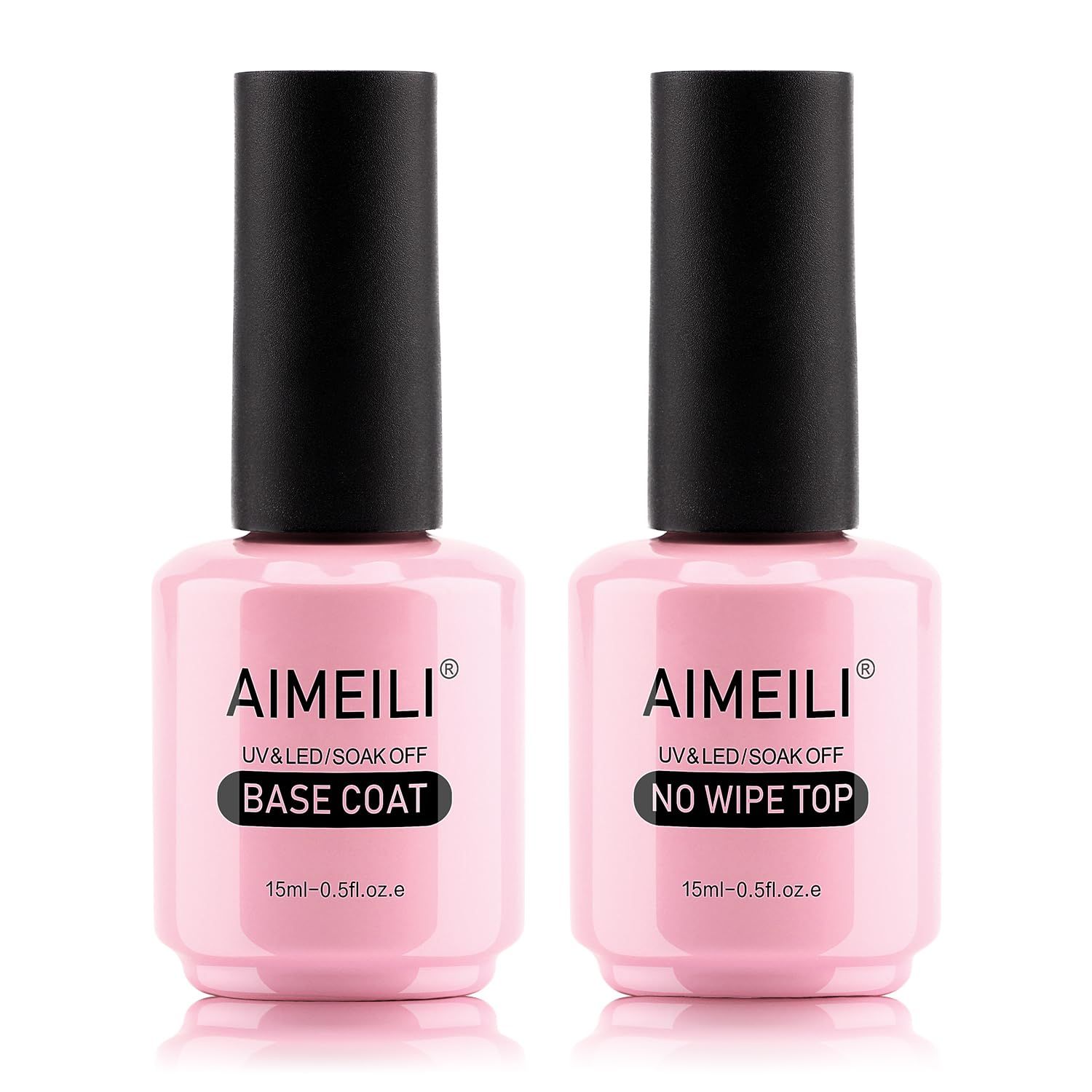 AIMEILI Soak Off Long Lasting Hema-Free U V LED Gel Nail Polish Cruelty Free Vegan Shine Finish No Wipe Top and Base Coat Set - 2 x 15ml