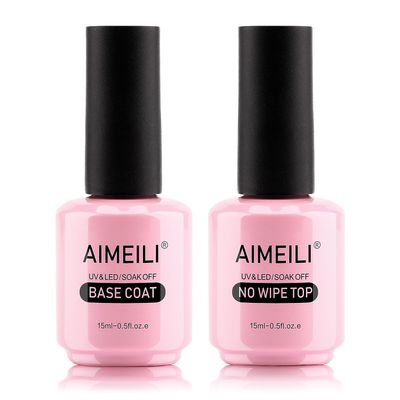 AIMEILI Soak Off Long Lasting Hema-Free U V LED Gel Nail Polish Cruelty Free Vegan Shine Finish No Wipe Top and Base Coat Set - 2 x 15ml