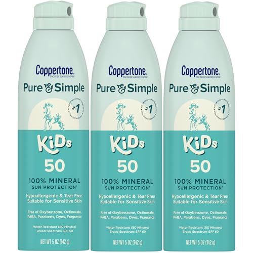 Coppertone Pure and Simple Kids Spray Sunscreen, SPF 50 Broad Spectrum Sunscreen for Kids, 5 Oz, Pack of 3