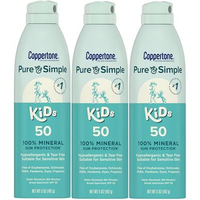 Coppertone Pure and Simple Kids Spray Sunscreen, SPF 50 Broad Spectrum Sunscreen for Kids, 5 Oz, Pack of 3