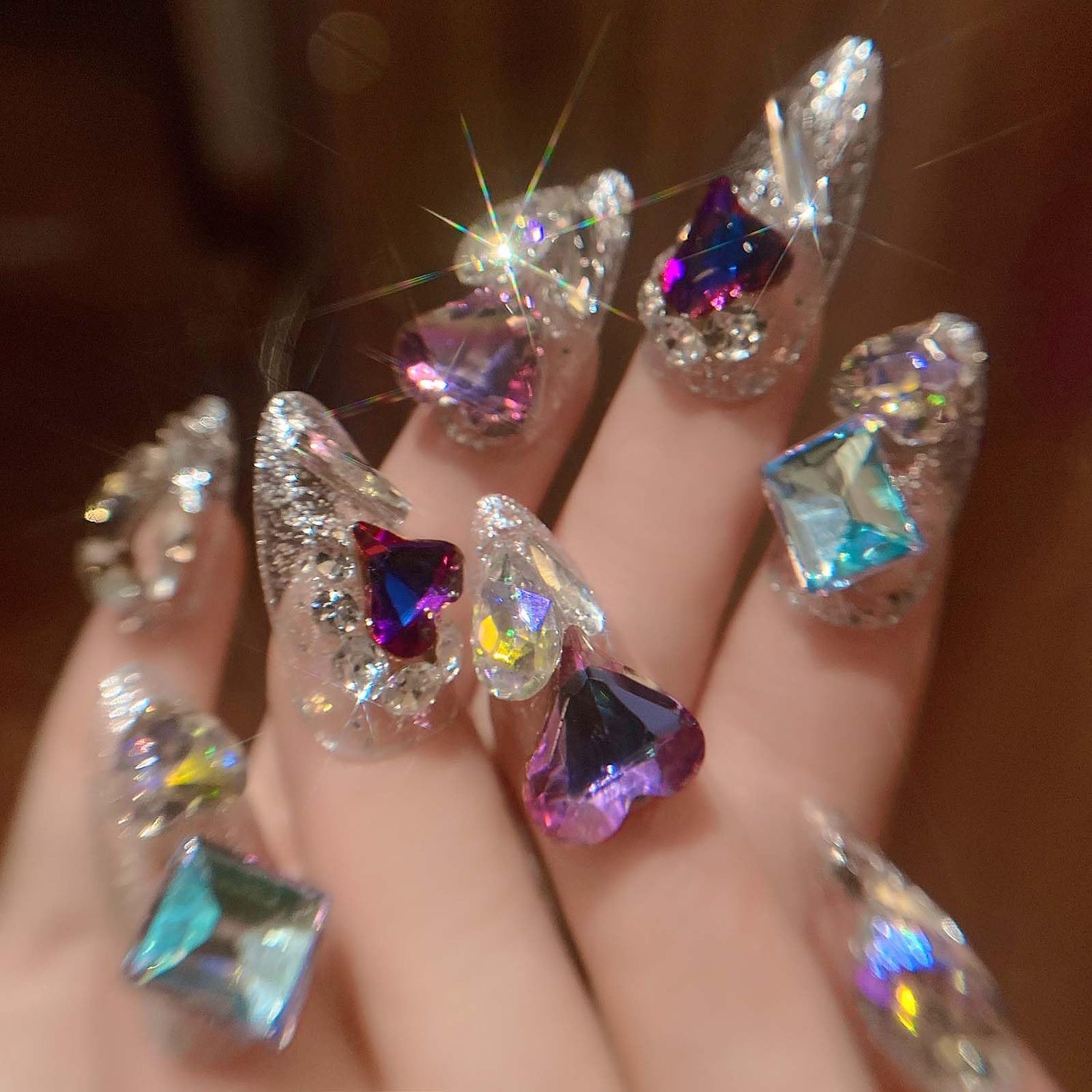 QQPPOLIU Almond Press on Nails Medium False Nails Stiletto Handmade Glue on Nails with 3D Big Jewel Rhinestones Designs Full Cover Nails Silver Glitter Press Ons Gift for Mothers day (Transparency)