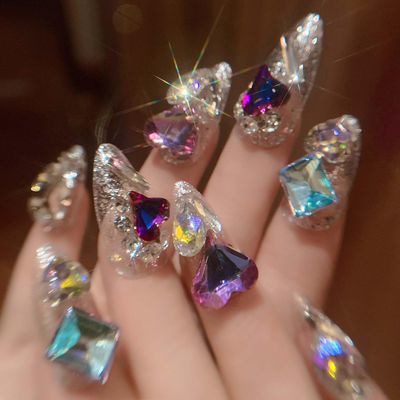 QQPPOLIU Almond Press on Nails Medium False Nails Stiletto Handmade Glue on Nails with 3D Big Jewel Rhinestones Designs Full Cover Nails Silver Glitter Press Ons Gift for Mothers day (Transparency)