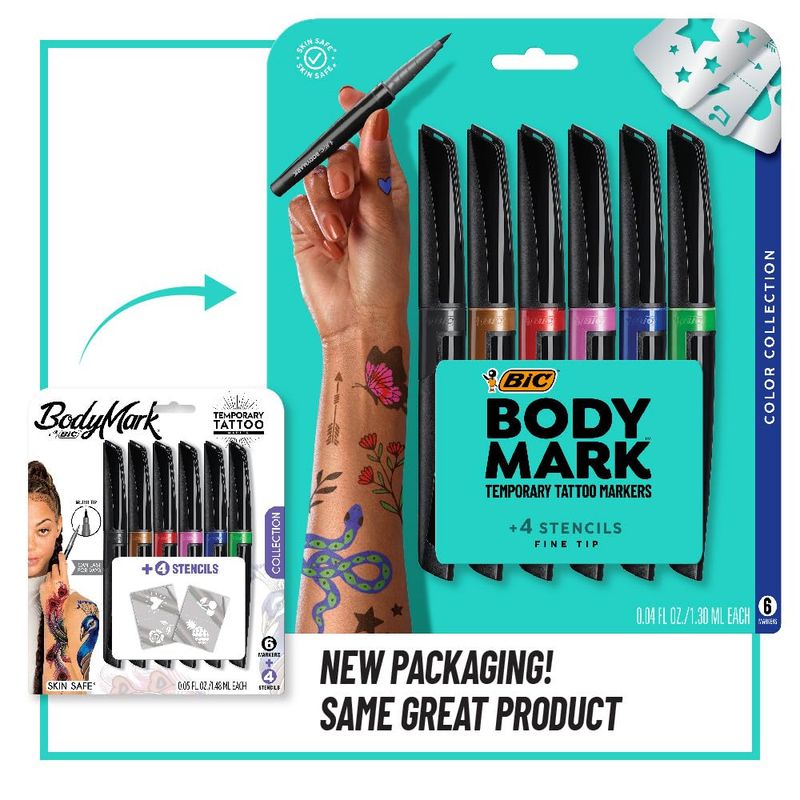 BODYMARK BIC Temporary Tattoo Markers for Skin, Color Collection, Flexible Brush Tip, 6-Count Pack of Assorted Colors, Skin-Safe, Cosmetic Quality