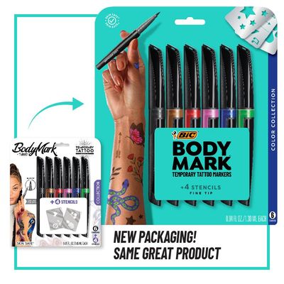 BODYMARK BIC Temporary Tattoo Markers for Skin, Color Collection, Flexible Brush Tip, 6-Count Pack of Assorted Colors, Skin-Safe, Cosmetic Quality