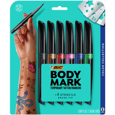 BODYMARK BIC Temporary Tattoo Markers for Skin, Color Collection, Flexible Brush Tip, 6-Count Pack of Assorted Colors, Skin-Safe, Cosmetic Quality