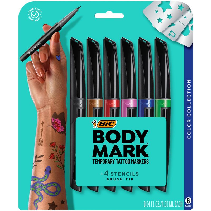 BODYMARK BIC Temporary Tattoo Markers for Skin, Color Collection, Flexible Brush Tip, 6-Count Pack of Assorted Colors, Skin-Safe, Cosmetic Quality