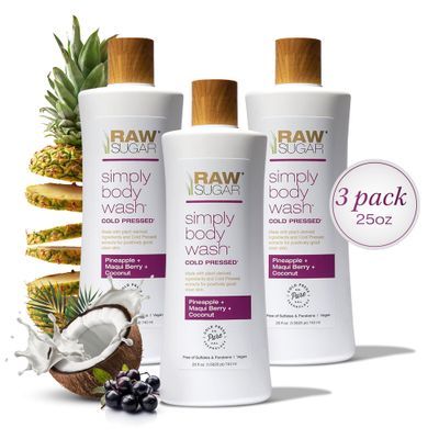 RAW SUGAR Simply Body Wash - Pineapple Maqui Berry Coconut, Moisturizing &amp; Brightening Bath &amp; Shower Gel, Sulfate-Free, Paraben-Free &amp; Vegan (Pack of 3)