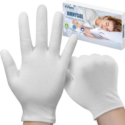 White Cotton Gloves for Dry Hands Sleeping Eczema, 4 Pairs(8Pcs) SPA Breathable Moisturizing Gloves Overnight for Women and Men Work Serving Inspection
