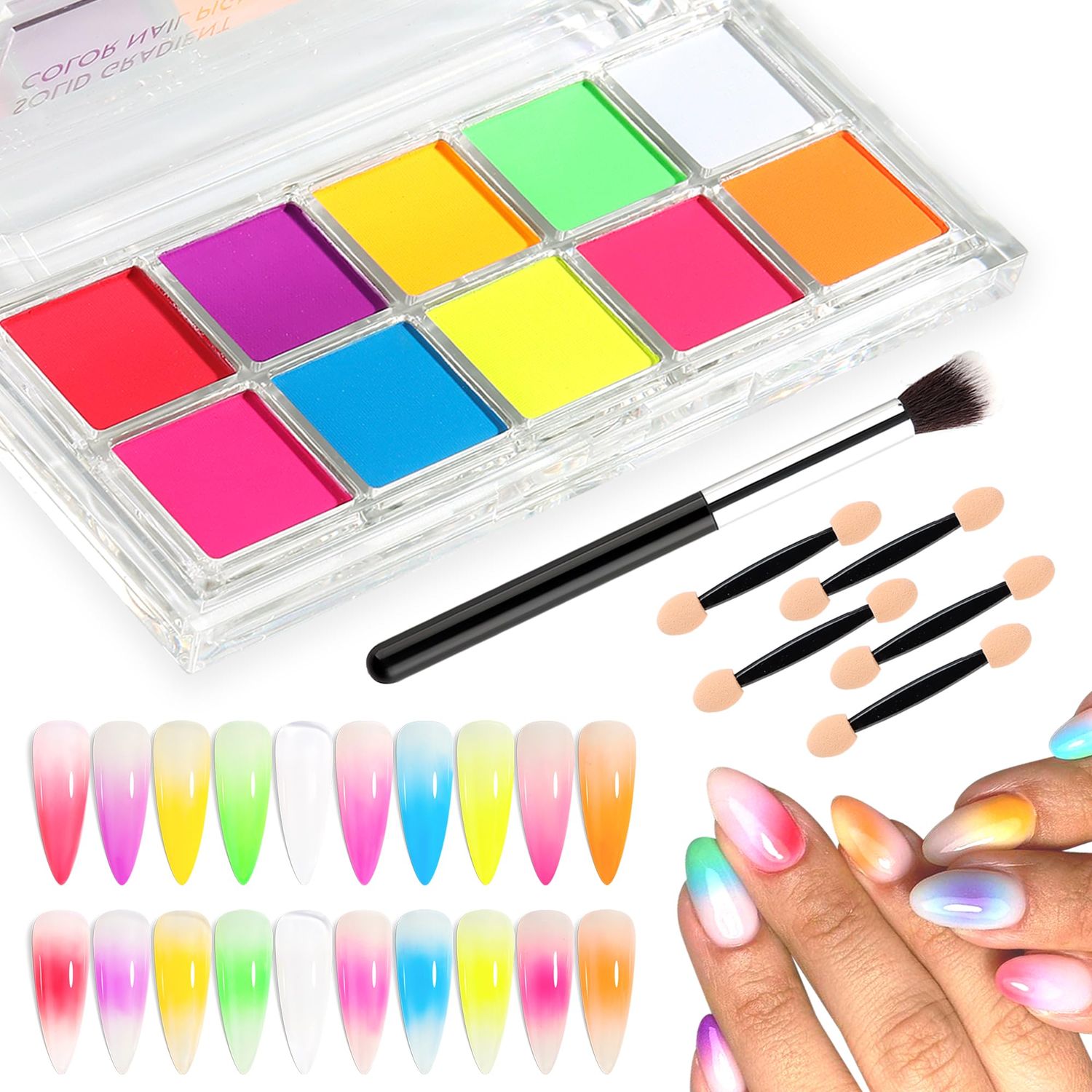 FSpronail Neon Nail Pigment Set 10 Colors Ombre Nail Powder Solid Fluorescent Pigment Gradient Nail Design Extra Fine Glitter Summer Neon Nail Art Manicure Beginners - Includes 5 Sponge Sticks 1 Brush