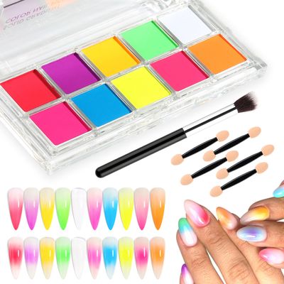 FSpronail Neon Nail Pigment Set 10 Colors Ombre Nail Powder Solid Fluorescent Pigment Gradient Nail Design Extra Fine Glitter Summer Neon Nail Art Manicure Beginners - Includes 5 Sponge Sticks 1 Brush
