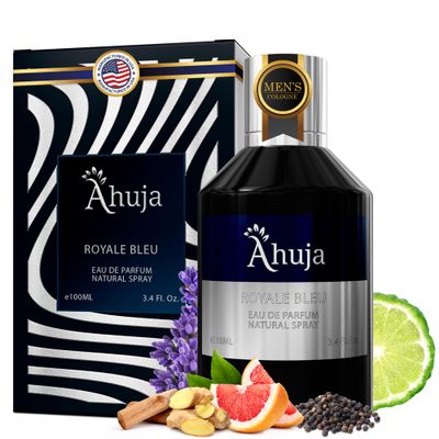 AHUJA Royal Bleu Eau De Parfum for Men 3.4 fl oz - Long Lasting- Grapefruit,Ginger,Fresh Citrus &amp; Deep Woods-Best Alternative for Bleu De Chanel