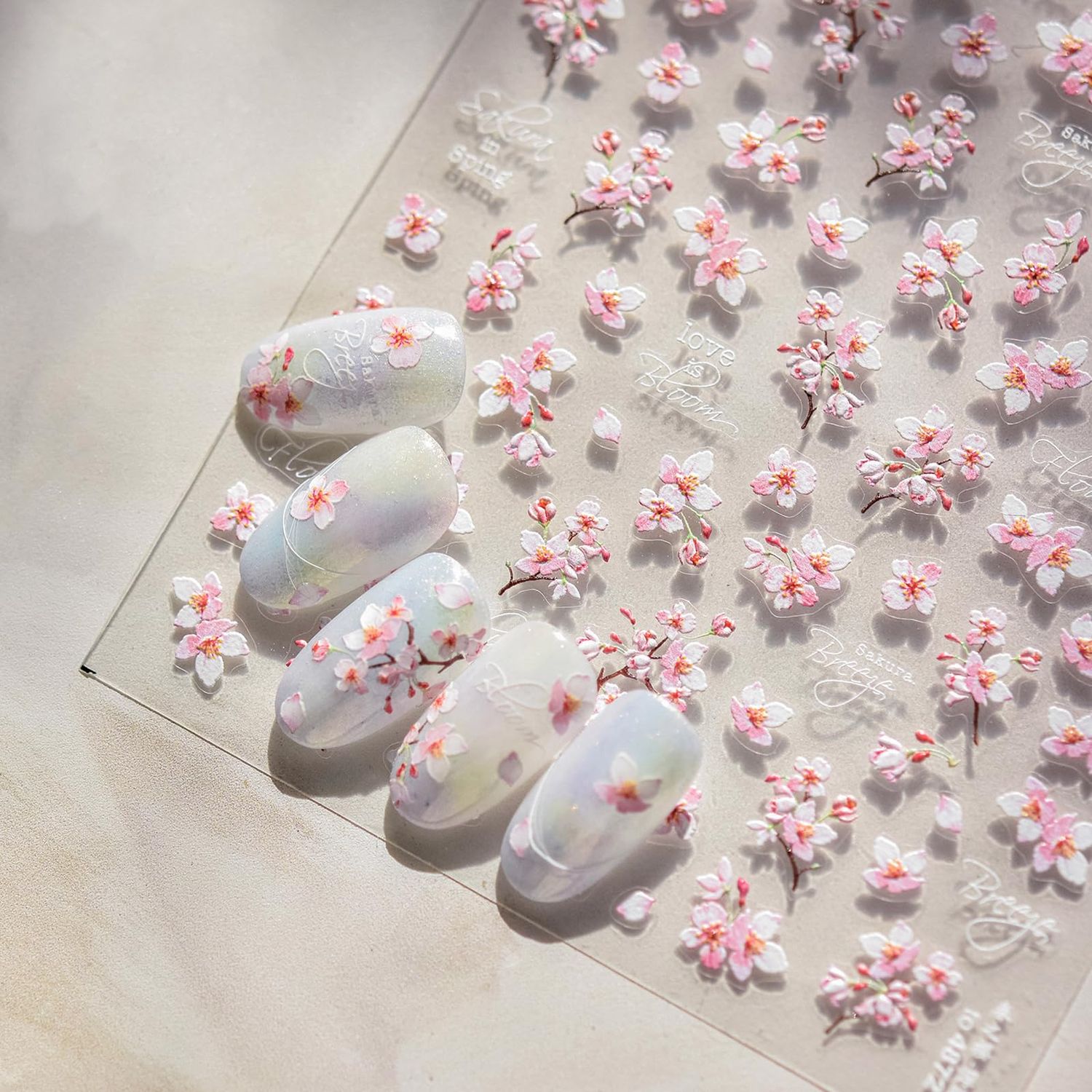 5D Embossed Flower Nail Stickers Decals, Self-Adhesive Spring Summer Cherry Blossom Nail Decals, Floral Nail Art Stickers for Women Girls DIY Manicure Decoration Accessories Supplies 1 Sheets
