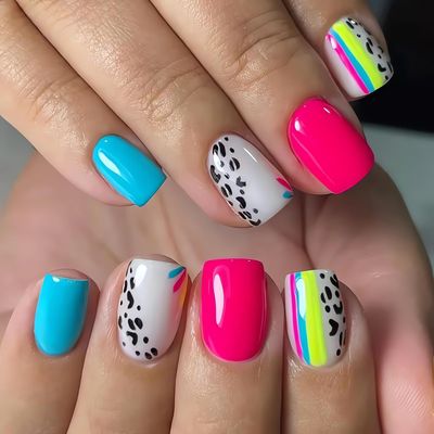 OHWODA Short Press on Nails Square Fake Nails Black Leopard Print Acrylic Full Cover False Nails Glossy Blue Rose Red Glue on Nails Short Stick on Nails Artificial Nails for Women Girls 24PCS
