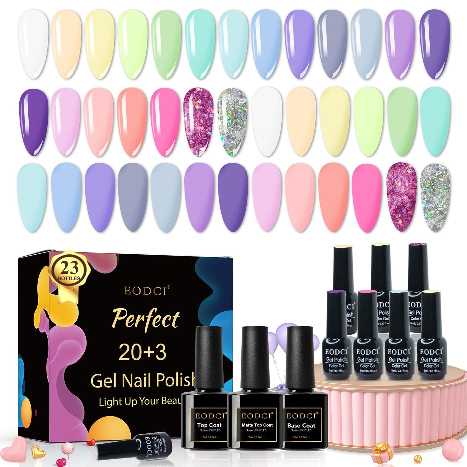 eodci Gel Polish Nail Set 20 Colors with 3Pcs Glossy &amp; Matte Top Coat and Base Coat, Light Purple Yellow Blue Sparkle Glitters Colorful Gel Polish Set For Valentines Gifts