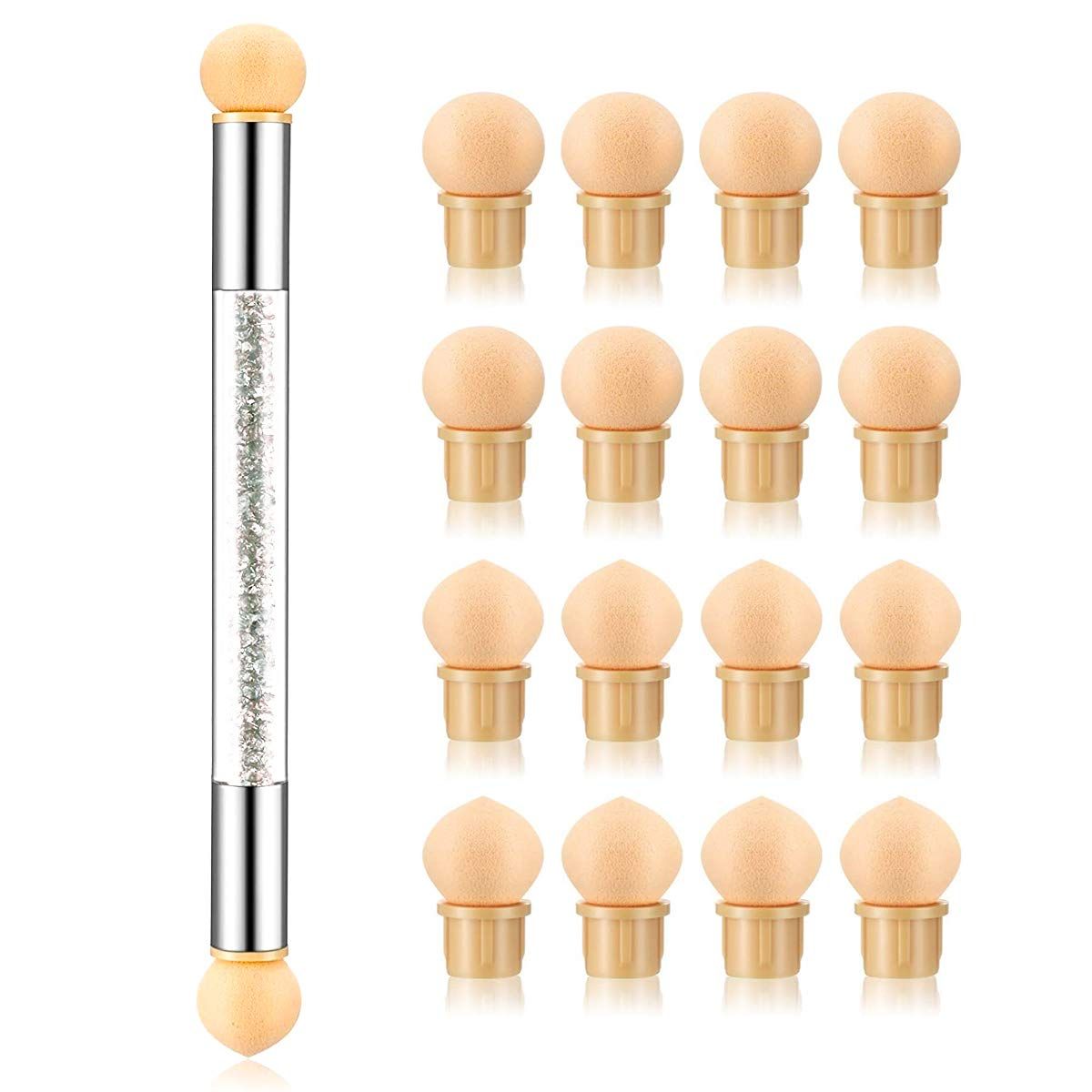 SILPECWEE 1Pc UV Gel Nail Gradient Sponges Pen With 16Pcs Replaceable Sponge Heads Double Head Nail Ombre Brush Acrylic Manicure DIY Tools