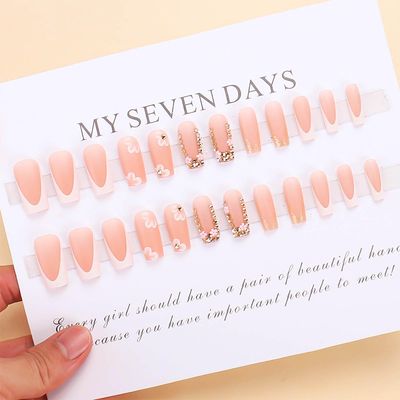 RUOKEXIN Long Press on Nails Square Fake Nails Pink False Nails with Rhinestones Flower Designs Matte Glue on Nails White French Tip Nail Press ons Cute Stick on Nails for Women 24Pcs