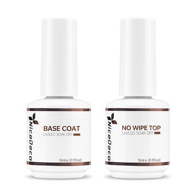 Nicedeco Hema Free No Wipe Gel Top Coat and Base Coat Set 2 Pcs 15ml Low Odor Cruelty Free Vegan Gel Nail Polish Glossy Shine Long Lasting Gel Base Top Coat