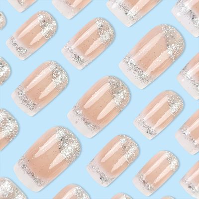 Medium Press on Nails Square Fake Nails French Tips Nails Press Ons Silver Glitter False Nails with White Ombre Designs Acrylic Nail Glue on Nails Nude Glossy Stick on Nails for Women 24 Pcs