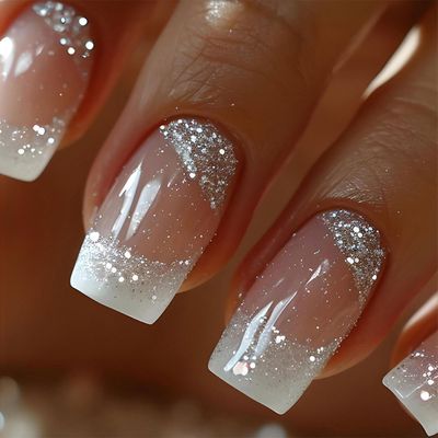 Medium Press on Nails Square Fake Nails French Tips Nails Press Ons Silver Glitter False Nails with White Ombre Designs Acrylic Nail Glue on Nails Nude Glossy Stick on Nails for Women 24 Pcs