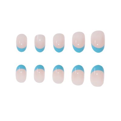 MERVF Oval Press on Nails Short Press on Fake Nails Blue French Tip Round Acrylic Nails Classic Glue on Nails Glossy 24pcs False Nails