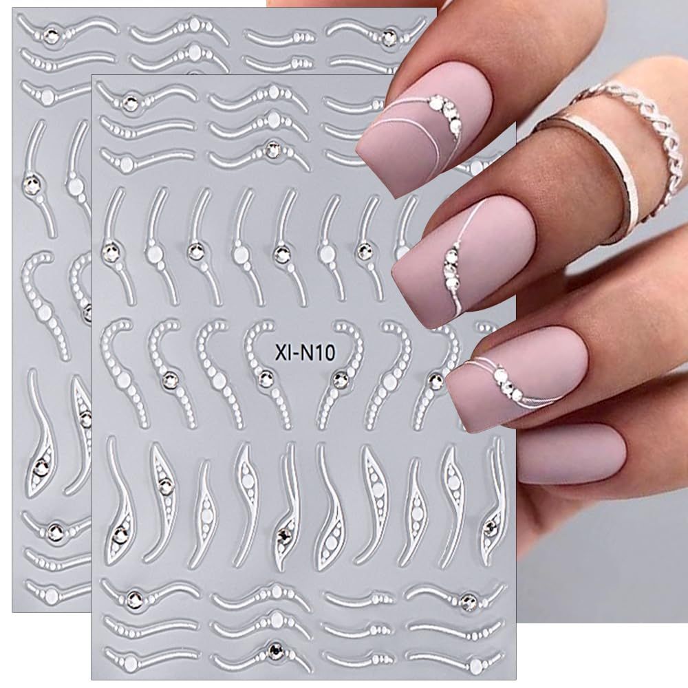 French Tip Nail Stickers White Wave Curve Stripe Lines French Tips Nail Art Stickers Crystal Line French Nail Sticker Rhinestones French Tip Stickers Nail Decals For Nail Art Supplies Nail Accessories