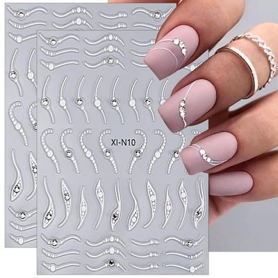 French Tip Nail Stickers White Wave Curve Stripe Lines French Tips Nail Art Stickers Crystal Line French Nail Sticker Rhinestones French Tip Stickers Nail Decals For Nail Art Supplies Nail Accessories