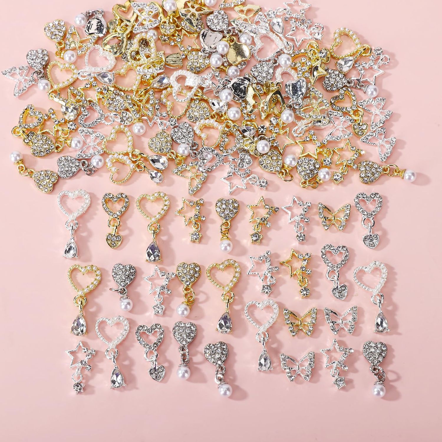 BJRSPGLS 40Pcs Heart Dangle Nail Charms Nail Rhinestones and Gems,Silver Gold Nail Jewels Charms Diamonds Stones for Nail Art,Valentines Love Star Dangling Nail Jewelry for Nails Design Variety