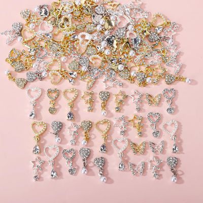 BJRSPGLS 40Pcs Heart Dangle Nail Charms Nail Rhinestones and Gems,Silver Gold Nail Jewels Charms Diamonds Stones for Nail Art,Valentines Love Star Dangling Nail Jewelry for Nails Design Variety