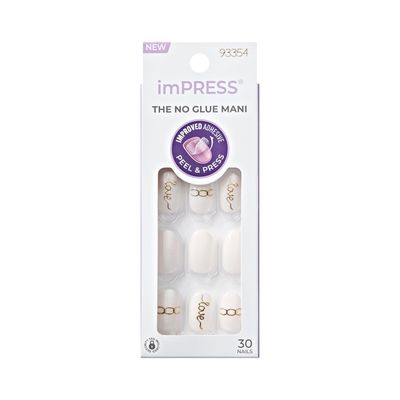 KISS imPRESS No Glue Mani Press On Nails, Design, Cupid Heart, White, Short Size, Oval Shape, Includes 30 Nails, Prep Pad, Instructions Sheet, 1 Manicure Stick, 1 Mini File