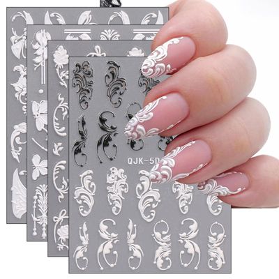 JMEOWIO 3D Embossed Black White Flower Nail Art Stickers Decals Self-Adhesive Pegatinas Uas 5D Leaves Line Nail Supplies Nail Art Design Decoration Accessories 4 Sheets