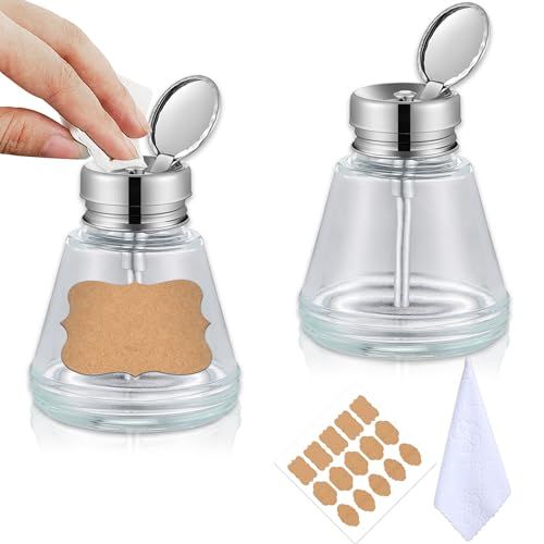 2 PCS- 6 Oz/ 180 ml Clear Push Down Pump Dispenser Glass with Metal Flip Cover Acetone Pump Dispenser Bottle Push Down Alcohol Dispenser Push Down for Makeup Remover