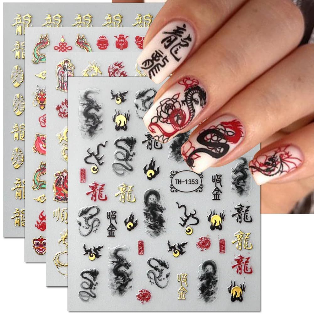 3D Black Gold Dragon Nail Art Stickers for Nail Designs Ink Dragon Nail Stickers for Women Nail Decals for Nail Art Chinese Character Mahjong Dragon Stickers for Nails Decor New Year Nail Decorations