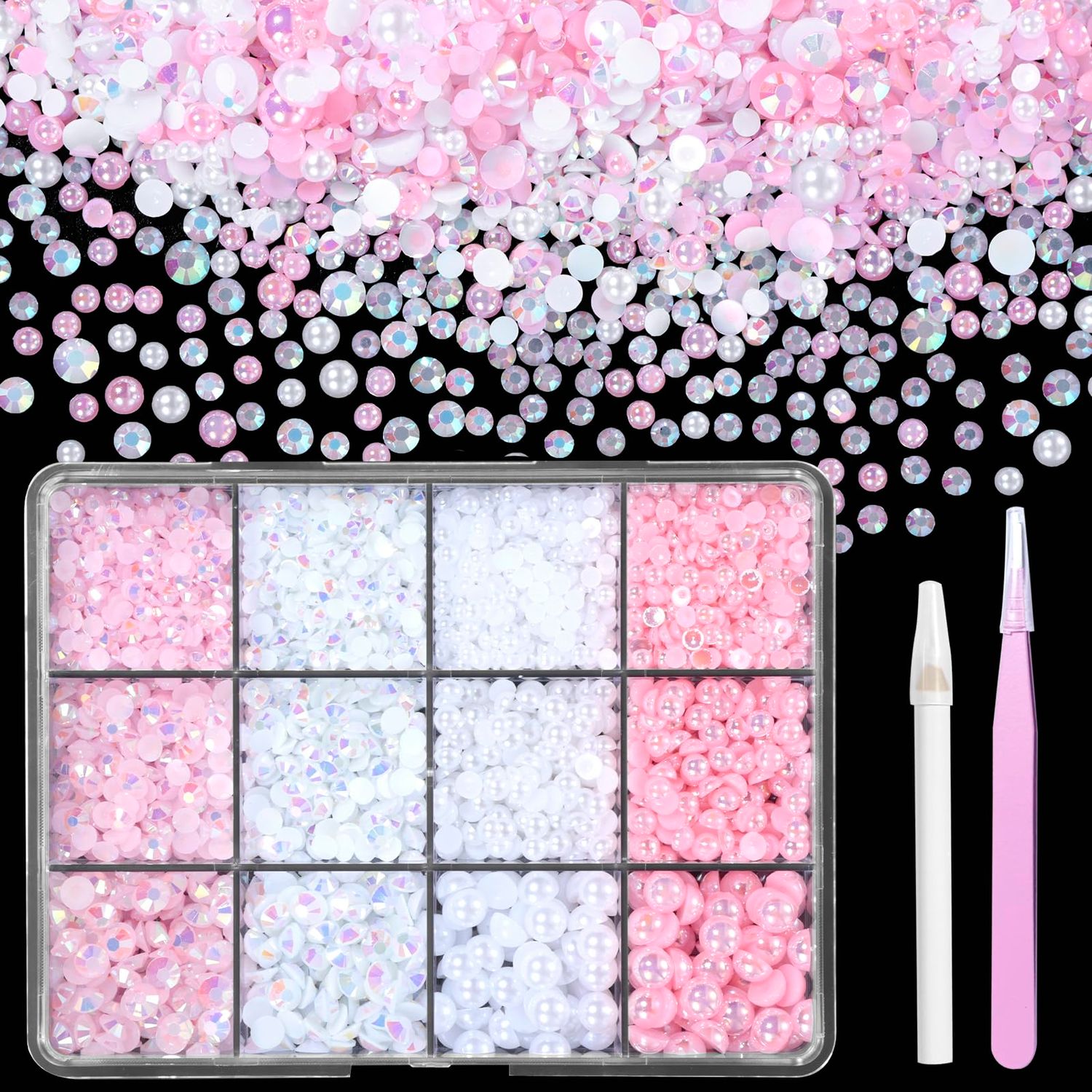 Flatback Pearls and Jelly Resin Rhinestones for Crafting, Multi Sizes Resin Rhinestones and Half Pearls for Bedazzling, Nail Art and Decoration with Tweezer and Pickup Pencil (Pink &amp; White)