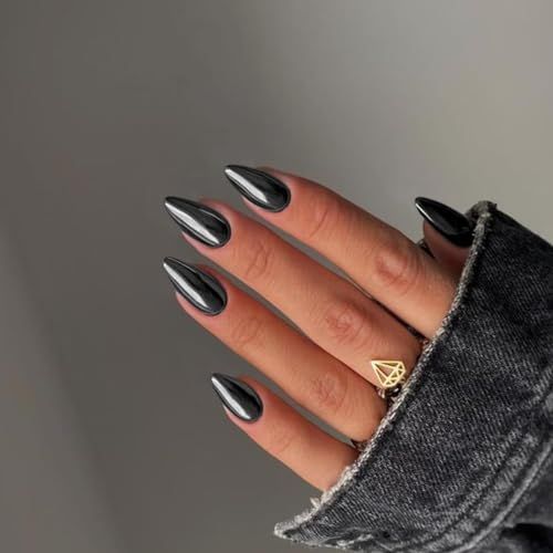 Black Chrome Press on Nails Medium Almond Nails Press ons Metallic Nails Glue on, Acrylic Nails Fake Nails for Women, Thick Shinny Glazed False Nails Glue on Nails Medium Length Stiletto Nails 24Pcs