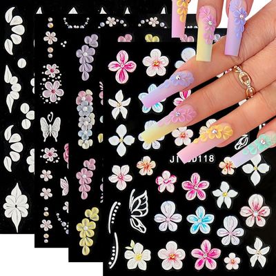 5D Flower Nail Art Stickers, 5D Embossed Pink White Flowers Nail Decals Hibiscus Small Flower Butterfly Summer Nail Art Supplies Luxurious Summer Nail Design for Women Manicure Decoration(4 Sheets)