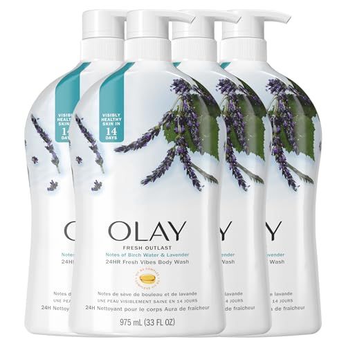 Olay Body Wash for Women, Fresh Radiance, Refreshing &amp; Renewing, Made with Plant Based Cleansers, B3 Botanical Complex, For All Skin Types, Birch Water &amp; Lavender Scent, 33 fl oz (Pack of 4)