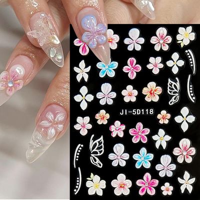 5D Flower Nail Art Stickers, 5D Embossed Pink White Flowers Nail Decals Hibiscus Small Flower Butterfly Summer Nail Art Supplies Luxurious Summer Nail Design for Women Manicure Decoration(4 Sheets)