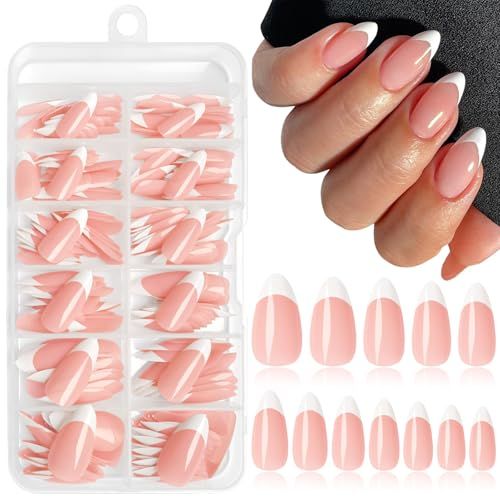 Lifextol 216PC White French Tip Press on Nails Medium Fake Nails Press ons with 10Adhesive Tabs, Pink Almond Acrylic Nails Press on Nails French Tip Nails False Artificial Fingernails Stick on Nails