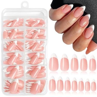 Lifextol 216PC White French Tip Press on Nails Medium Fake Nails Press ons with 10Adhesive Tabs, Pink Almond Acrylic Nails Press on Nails French Tip Nails False Artificial Fingernails Stick on Nails