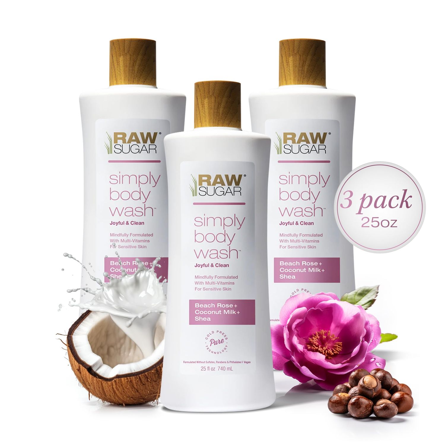 RAW SUGAR Simply Body Wash, Beach Rose Coconut Milk Shea (25 Fl Oz, Pack of 3) Sensitive Skin Bath Soap, Formulated without Sulfates &amp; Parabens